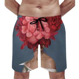 Men's Shorts Summer Board Abstract Women Head Sports Fitness Bouquet Red Flower Print Beach Short Pants Casual Quick Dry Swim Trunks