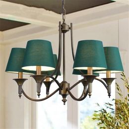 Chandeliers American Loft Country Iron Lights Mediterranean Style Living Room Dining Bedroom Fabric Shade Hanging Lamps Lighting