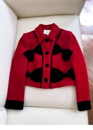 2023 Autumn Red Contrast Color Black Bow Tweed Jacket Long Sleeve Lapel Neck Panelled Single-Breasted Jackets Coat Short Outwear A3G301456