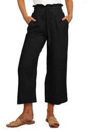 Women's Pants Summer Wide Leg Elastic High Waisted Drawstring Casual Trousers Loose Fit Crop Palazzo