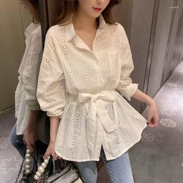 Women's Blouses Top Women Pure Cotton Long-sleeved Waist Shirt Lace-up Western-style Empty Slim Clothing