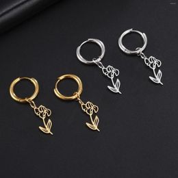 Stud Earrings Fashion Stainless Steel Birth Month Flower Dangle Metal Floar Hoop For Women Girl Birthday Jewelry Gift 1 Pair