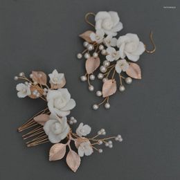 Hair Clips Handmade Ceramic Flowers Bridal Comb Rose Flower Wedding Accessories Earring Jewellery