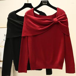 Women's Sweaters One-shoulder Bow Knitted Sweater Long-sleeved Pullover Bottoming Shirt Top Women