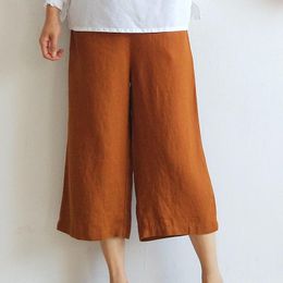 Women's Pants Johnature 7 Color Women Summer Wide Leg Elastic Waist Pockets Loose 2023 Linen Casual Soft Calf-Length