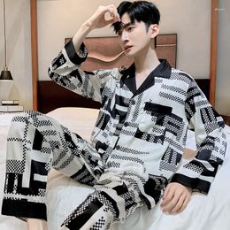 Men's Sleepwear High Quality Satin Printed Pajamas Set Nightwear Ice Silk Long Sleeve Loose Thin Teen Home Clothing Wear Suit Male Pyjama