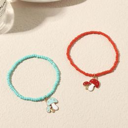 Link Bracelets Fashion Red Blue Mushroom Pendant Rice Beads Bracelet Summer Beach Friendship Handmade Boho Jewellery Gift For Friend