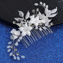 Hair Clips Bridal Jewellery Crystal Comb Pin Porcelain Flower Head Piece Brides Evening Dinner Silver Colour Hairpin Wedding Accessories