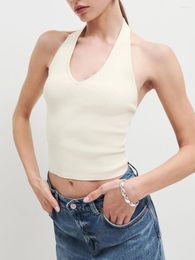 Women's Tanks Summer Knit Cami Tops Solid Color V-Neck Backless Halter Neck Ribbed Crop