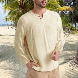 Men's T Shirts Spring Autumn Men T-shirt V-neck Buttons Neckline Long Sleeve Loose Fit Pullover Tops Streetwear