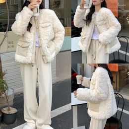 Women's Fur Womens Long Sleeve Single-Breasted Lamb Wool Coat Vintage Elegant O-Neck Faux Plush Outerwear With Pockets D10 22 Dropship