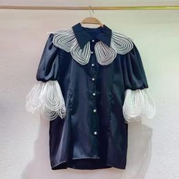 Women's Blouses DALMAZZO Designer Summer Patchwork Flare Sleeve Temperament Shirt Tops Women Lapel Pearl Buttons Chic Female 2023