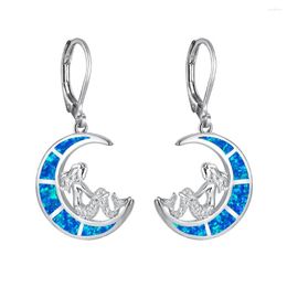 Dangle Earrings Blue Fire Opal Mermaid On The Moon For Lady