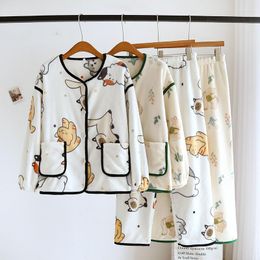 Women's Sleepwear Winter Flannel Pajamas Home Clothing 2 Piece Coral Velvet Plush Long Suit Nightgown Cartoon Animal Print