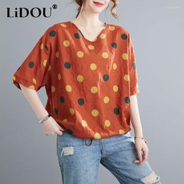 Women's T Shirts 2023 Summer V-neck Cotton Polka Dot Printing Short Sleeve T-shirt Women Korean Style Fashion Loose Comfortable