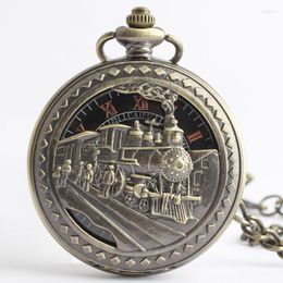 Pocket Watches Railway Engine Mechanical For Men Retro Bronze Steampunk Necklace Pendant With Chain Gifts Reloj De Bolsillo