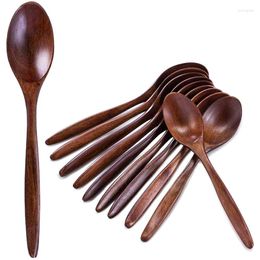 Spoons Wooden 10 PCS Wood Soup Spoon Set Long Handle Natural Table For Eating Mixing Stirring Cooking - 7.3 Inches