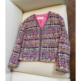 2023 Autumn Pink Contrast Color Contrast Trim Sequins Tweed Jacket 3D Weave Long Sleeve V-Neck Double Pockets Classic Jackets Coat Short Outwear A3G301364