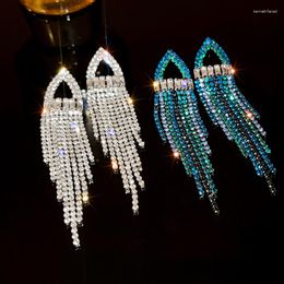 Dangle Earrings DREJEW Women Fashion Blue Rhinestone Zircon Long Tassel For Bridal Geometric Triangle Wedding Jewelry