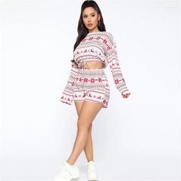 Women's Sleepwear Women Pajama Sets Cropped Top Lace-up Pants Suit Knitting Christmas Prints Round Neck Long Sleeve Fall Home Leisure Wear