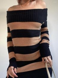 Casual Dresses Women Off Shoulder Striped Knit Dress Long Sleeve Bodycon Mini Sweater Y2k Sexy Spring Fall Gothic Streetwear