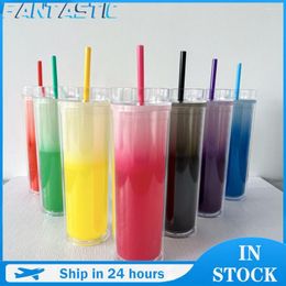 Mugs Straight Tube Cup With Lid And Straw Double-layer Double Wall 16oz Colour Changing Drinkware Water Bottles Tumbler