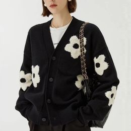 Women's Knits Sweater Cardigan Women Korean Fashion V-neck Black Embroidered Flowers Fall Winter Loose Knitted Long Sleeve Top Jacket