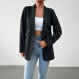 Women's Suits Double-breasted Blazer Long Sleeve Solid Casual Jackets Woman 2023 Autumn Fashion Ladies Slim Pockets Coat Black