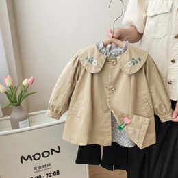 Jackets Girls' Trench Coat Spring And Autumn Medium Length Solid Color Top British Style Embroidered Baby Girl