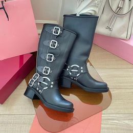 Harness Belt Buckled cowhide leather Biker Knee Boots chunky heel zip Knight boots Fashion square toe Ankle Booties for women luxury shoes factory footwear