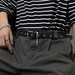 Belts PU Belt For Women Men Crosses Pendant Alloy Pin Buckle Black Waist Strap Jeans Pants Female Designer Waistband