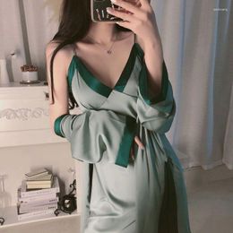 Women's Sleepwear Ladies Silk Stain Robe Gown Set Women Sexy Patchwork Nighties Silky Short Robegwon Female Comfortable Loose Home Clothing