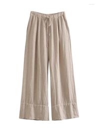Women's Pants YENKYE Summer Women Vintage Drawstring Elastic High Waist Linen Palazzo Female Casual Loose Wide Leg Trousers