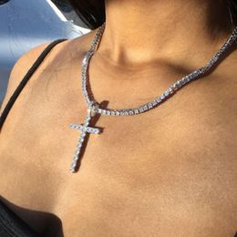 Iced Out Cross Pendant Necklace Gold Silver Tennis Chain Mens Womens Hip Hop Necklaces Jewellery