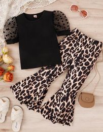 Clothing Sets 4-7Y Summer Kid Girls Pants Set Dots Print Short Sleeve Crew Neck T-shirt With Leopard Flare Fashion Children's