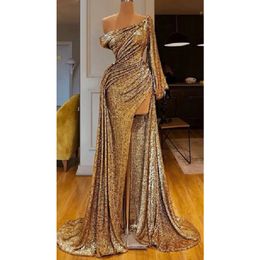 Glitter Gold Sequined Evening Dresses Long Sleeve One Shoulder Side Split Sexy Prom Special Occasion Gowns Pleats Women Formal Party Dress 2023