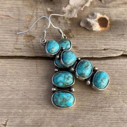 Dangle Earrings Vintage Ethnic Blue Stone Drop For Women Bohemian Personality Geometric Bead Tassel Jewelry