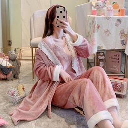 Women's Sleepwear 3PC Autumn Winter Coral Fleece Women Pyjamas Sets Flannel Robe Sexy Tanks Tops & Pants Female Nightwear Sleep Suit F