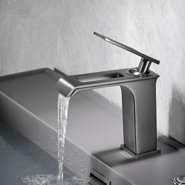 Bathroom Sink Faucets Light Luxury Gun Grey Waterfall Undercounter Basin Single Handle For Metal Taps And Cold Water Mixing