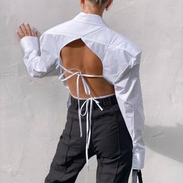 Women's Blouses Autumn Long Sleeve Sexy Backless Shirts Women Fashion 2023 Pockets White Y2K And Tops Loose Clothing Blusas 28687