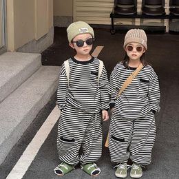 Clothing Sets 2023 Kids Set Fashion Pockets Striped Outfit Long Sleeve Hoodie And Pants 2Pcs Boys Girls Suit