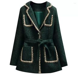 Women's Suits Autumn Winter Women Tweed Blazer Jacket 2023Designer Pocket Spliced Slim Green Suit Lady Elegant Formal Blazers Coat