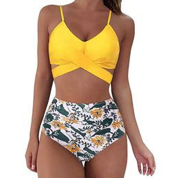 2023 Women Tankini Swimwear Sexy High Waist Bikinis Two Piece Set Cross Lace Up Backless Print Bathing Suit Female