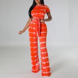 Women's Two Piece Pants Fashion Stripe Printed Sets Short Sleeve Lace Up Crop Tops Elastic High Waist Straight Loose Sexy Set