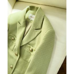 2023 Autumn Green Solid Colour Panelled Tweed Blazers Long Sleeve Notched-Lapel Double Pockets Single-Breasted Outwear Coats J3G301376