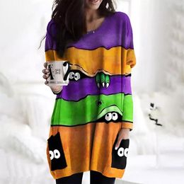 Women's Hoodies Halloween Peeping Eyes Colour Block Pocket Long Sweatshirt Sweater Women No Hood