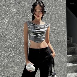 Women's Tanks 2023 Clothing T-shirt Irregular Round Neck Silver Strap Tank Top Summer Slim Spicy Girls Short Open Navel Sleeveless