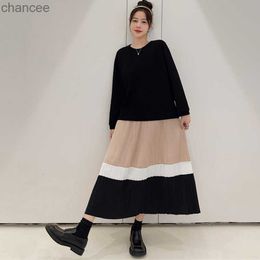 Basic Casual Dresses TIGENA Long T-shirt Dresses for Women 2023 Autumn Korean Casual Contrast Patchwork Loose Long Sleeve Pleated Maxi Dresses Female LST230904