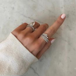 Cluster Rings Simple Stylish Lines Cubic Zirconia Women Silver Color Band Bridal Wedding Accessories Modern Jewelry For Party