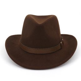 Wide Brim Wool Felt Cowboy Fedora Hats with Dark Brown Leather Band Women Men Classic Party Formal Cap Hat Whole202a